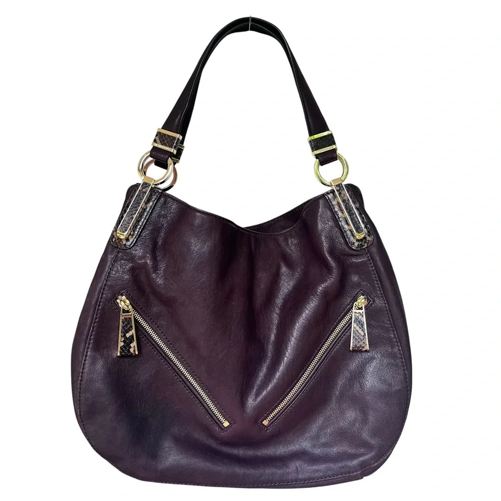 Michael Kors Matilda Brown Leather Shoulder Bag Python Embossed Accents Gold (T)